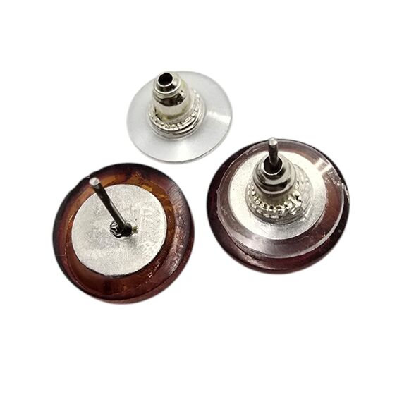 Small Round Amber Earrings Pierced Button Cabochon Design Silver Tone Setting - Picture 4 of 7